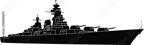 Black silhouette vector illustration of battleship with gun turrets, radar, and antennas, bold design for military, navy, defense, and maritime themes
