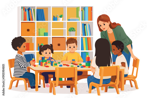 Teacher reading a book to a group of diverse children in a library.