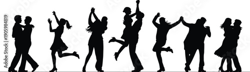 Black silhouette vector illustrations of couples dancing in joyful poses, bold design for romance, celebration, movement, lifestyle, and expressive themes