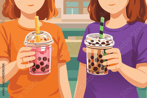 Two young women holding glasses of bubble tea with colorful pearls.