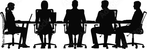 Business meeting silhouette scene, corporate team sitting at conference table discussing project, professional office teamwork concept illustration isolated on white background