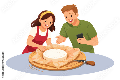 Couple preparing a traditional cheese pizza dough on a wooden board.