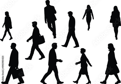 Business people walking silhouette set, office workers and professional men women commuting collection for corporate teamwork and urban lifestyle concept isolatedBusiness people walking silhouette set
