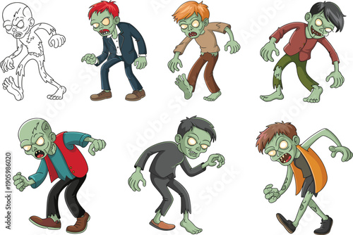 Cartoon vector illustrations of colorful zombie characters with green skin, tattered clothing, and expressive poses, playful design for Halloween, horror, and game themes