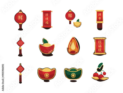 Chinese New Year Themed Icons Featuring Lanterns, Gold Ingots, and Scrolls green