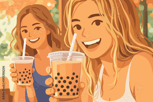 Two happy young women laughing and holding bubble tea with black pearls.