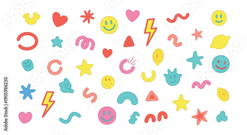 Colorful Hand- Drawn Abstract Shapes and Icons with Smiley Faces and Hearts on White Background