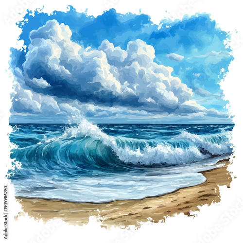 Ocean Waves Crashing Shore, watercolor clipart vector, isolated on a white background.