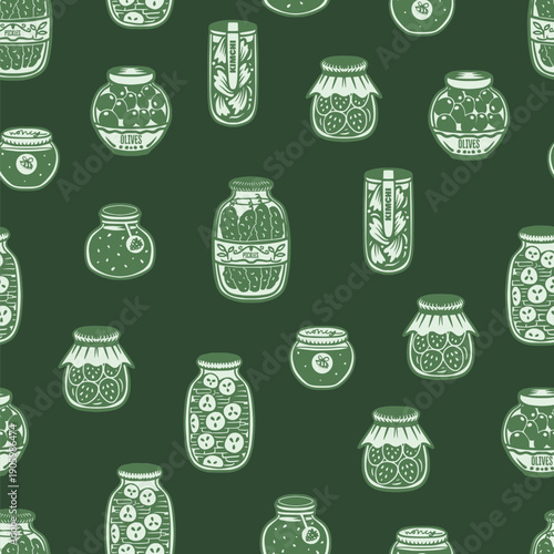 Jar seamless vector pattern with pickles olives kimchi honey preserves hand drawn illustration