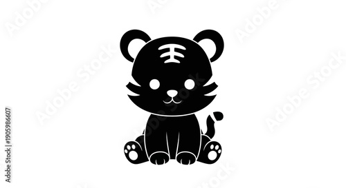 A black silhouette of a super cute kawaii Chinese mascot, a cartoon tiger character design for Chinese New Year, against a clean white background.