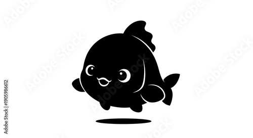 A black silhouette of a super cute kawaii Chinese mascot fish character design on a white background, conveying a traditional and festive feel for Chinese New Year.