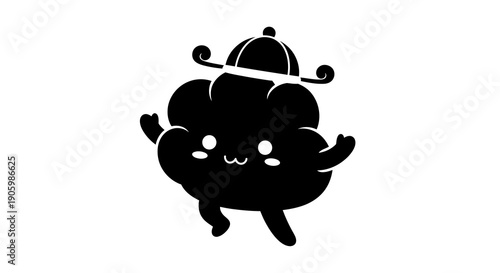 A black silhouette of a super cute kawaii Chinese mascot character, designed as a vector illustration with a traditional Chinese hat, conveying a joyful mood on a white background.