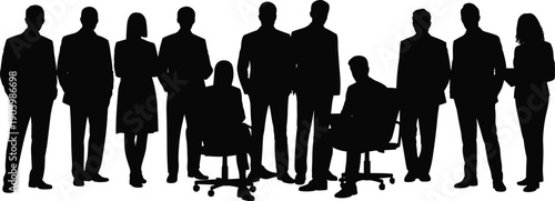 Corporate business people silhouette group, professional men and women standing and sitting poses, office team staff figures isolated on white background