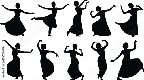 Dance woman silhouette set, female dancers performing ballet and modern dance poses in dress, graceful artistic movement illustration isolated on white background