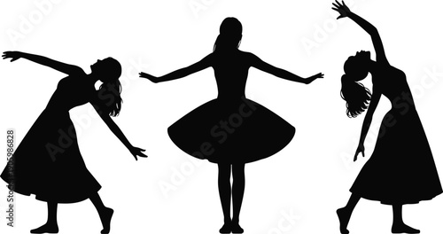 Dance silhouette set, graceful women performing modern ballet movements in dresses, artistic choreography and stage performance concept isolated on white background illustration