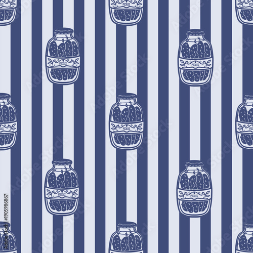 Jar seamless vector pattern with pickles olives kimchi honey preserves hand drawn illustration