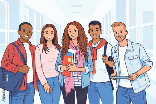 Group of diverse college students standing together with books and backpacks.