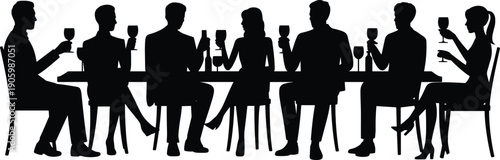 Dinner party silhouette scene, elegant people sitting at table holding wine glasses, celebration banquet gathering and social event concept isolated on white background illustration