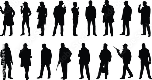 Detective and spy silhouette set, secret agent man standing poses with hat gun and cigarette, noir crime character collection isolated on white background illustration