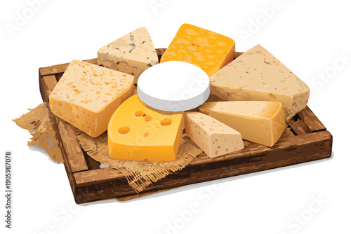 Large assortment of different cheese wedges and round camembert on a wooden board.