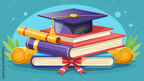 Very beautiful graduation cap placed on textbooks beside a rolled diploma with ribbon, symbolizing knowledge, academic accomplishment, and the successful completion of educational goals.