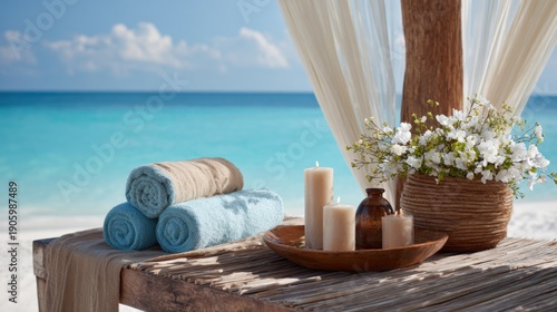 Serene beachfront spa setting with towels, candles, and flowers by the ocean.