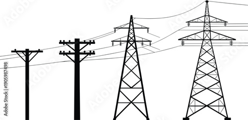 Electric power transmission tower silhouette illustration, high voltage electricity pylons and utility poles with wires, energy infrastructure concept isolated on white background