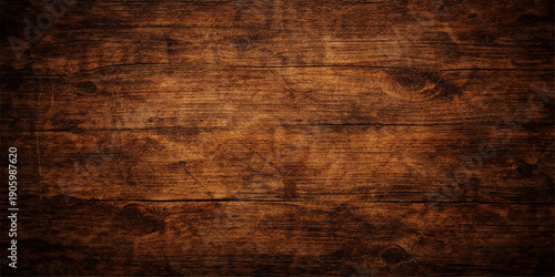 A dark aged hardwood plank texture features a rough brown vintage grunge wood surface with a weathered timber board pattern on an old rustic panel