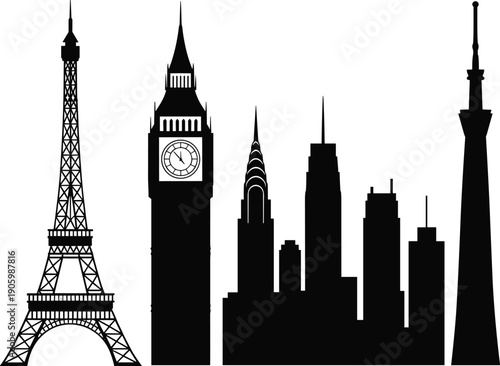 Famous world landmarks silhouette set, Eiffel Tower Big Ben city skyline and modern tower icons, travel tourism architecture illustration isolated on white background