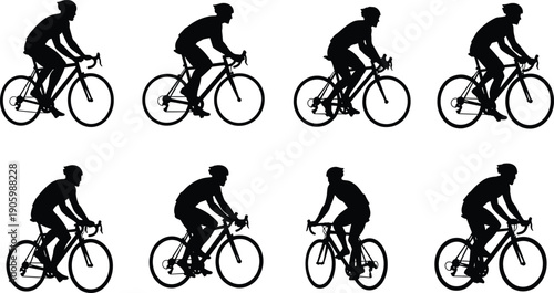 Cyclist silhouette vector illustration of people riding road bicycles in different poses, black bike rider collection isolated on white background for sports, fitness, motion concepts