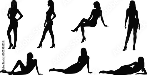 Female silhouette pose collection, stylish woman standing sitting and lying positions in high heels, fashion model figure set isolated on white background illustration