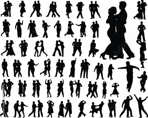Dance silhouettes collection, couples dancing, elegant dance poses, ballroom dancing, social dance, vector people icons, party, movement, celebration, love, romance, activity