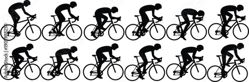 Cyclist silhouette vector, bicycle riding posture set, professional road bike positions, sports athlete clipart, cycling motion illustration collection