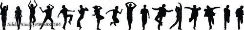 Dancing silhouettes, people jumping, energetic movement, group choreography, happy dancers, active poses, expressive figures, black silhouette, isolated vector, dance illustration