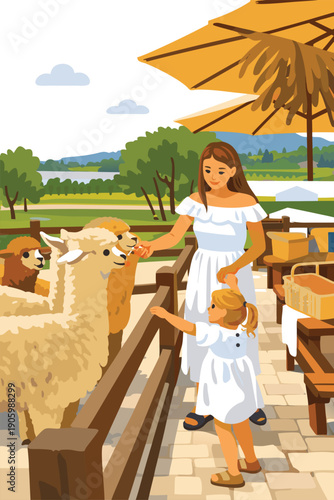 Young mother and daughter visiting a rural farm to feed domestic llamas.