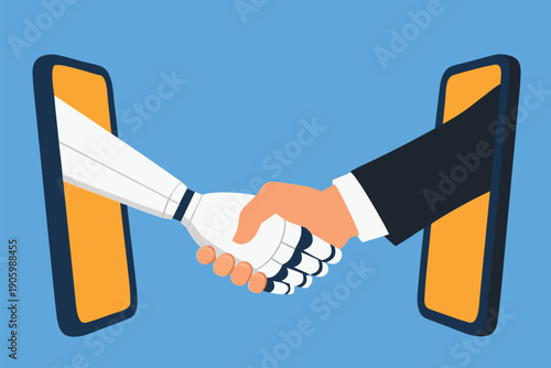 Robot and human hands emerging from smartphone screens for a digital handshake.