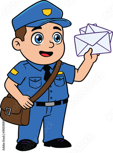 Cute cartoon postman delivering letters, happy mailman character, child-friendly postal worker, blue uniform, mail delivery, vector flat illustration