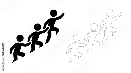 Silhouettes of people climbing upwards together, symbolizing teamwork and progress.