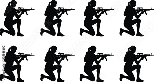 Female soldier silhouette set aiming assault rifle, kneeling tactical combat pose collection isolated on white background for military security and war concept