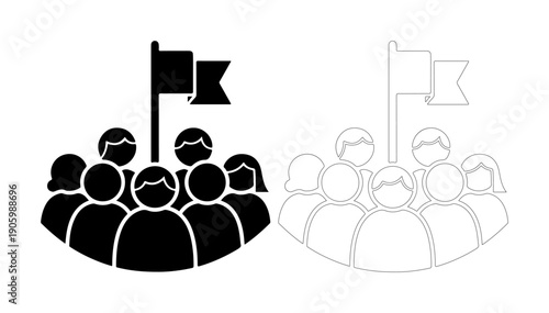 Diverse group of people united by a shared vision and leadership symbolized by a flag.