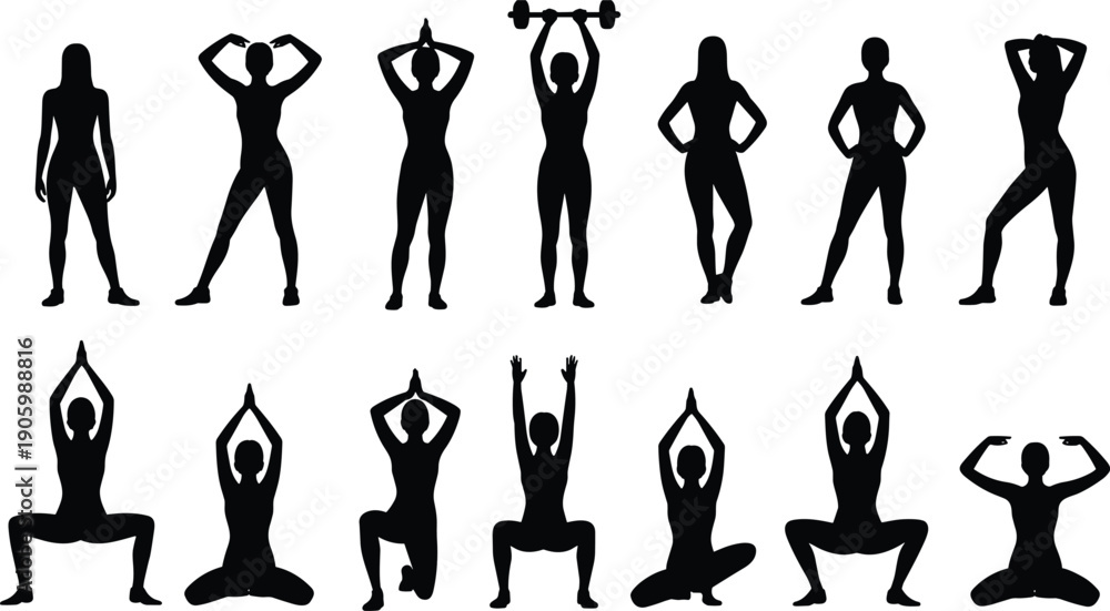 Fototapeta premium Fitness woman silhouette set, female workout training poses with yoga stretching and weightlifting exercises, gym sport healthy lifestyle illustration isolated on white background