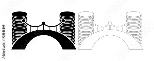 Symbolic bridge connecting two towers of stacked coins, representing financial growth and investment.