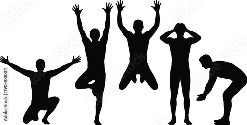 Fitness workout silhouette collection, male athlete doing jumping and stretching exercises, sport training poses set for healthy lifestyle isolated on white background illustration