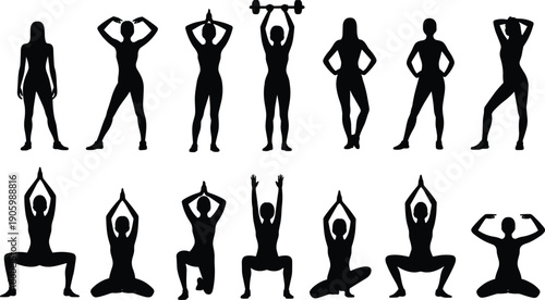 Fitness woman silhouette set, female workout training poses with yoga stretching and weightlifting exercises, gym sport healthy lifestyle illustration isolated on white background