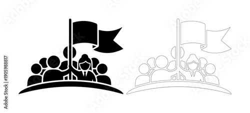 Diverse group of people following a leader with a flag, symbolizing teamwork and unity towards a common goal.