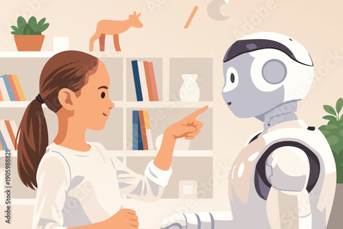 Young woman interacting with a friendly humanoid robot in a library or study room.