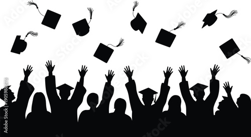 Graduation celebration silhouette, students throwing caps in the air with raised hands, academic success and university ceremony concept isolated on white background
