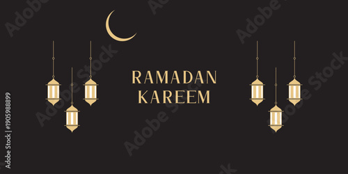 Ramadan kareem luxury dark islamic background with golden lanterns and crescent moon vector