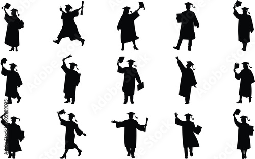 Graduation student silhouette set celebrating success, college and university graduates wearing cap and gown, black figures isolated on white background