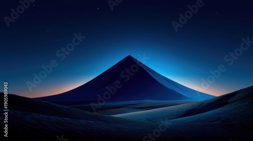 A dramatic, dark-blue mountain rises majestically above a vast, undulating desert landscape under a starlit night sky, showcasing a breathtakingly serene and mysterious scene.
